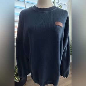 Men's Dark Teal/ Gray Ribbed Crewneck Sweater with Leather Mackinac Island Patch